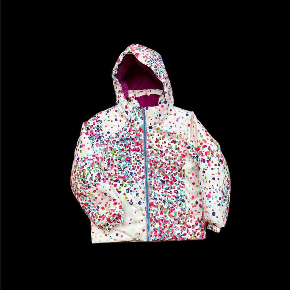 Spyder ski coat.  Size 5.  White with multi colored spots.